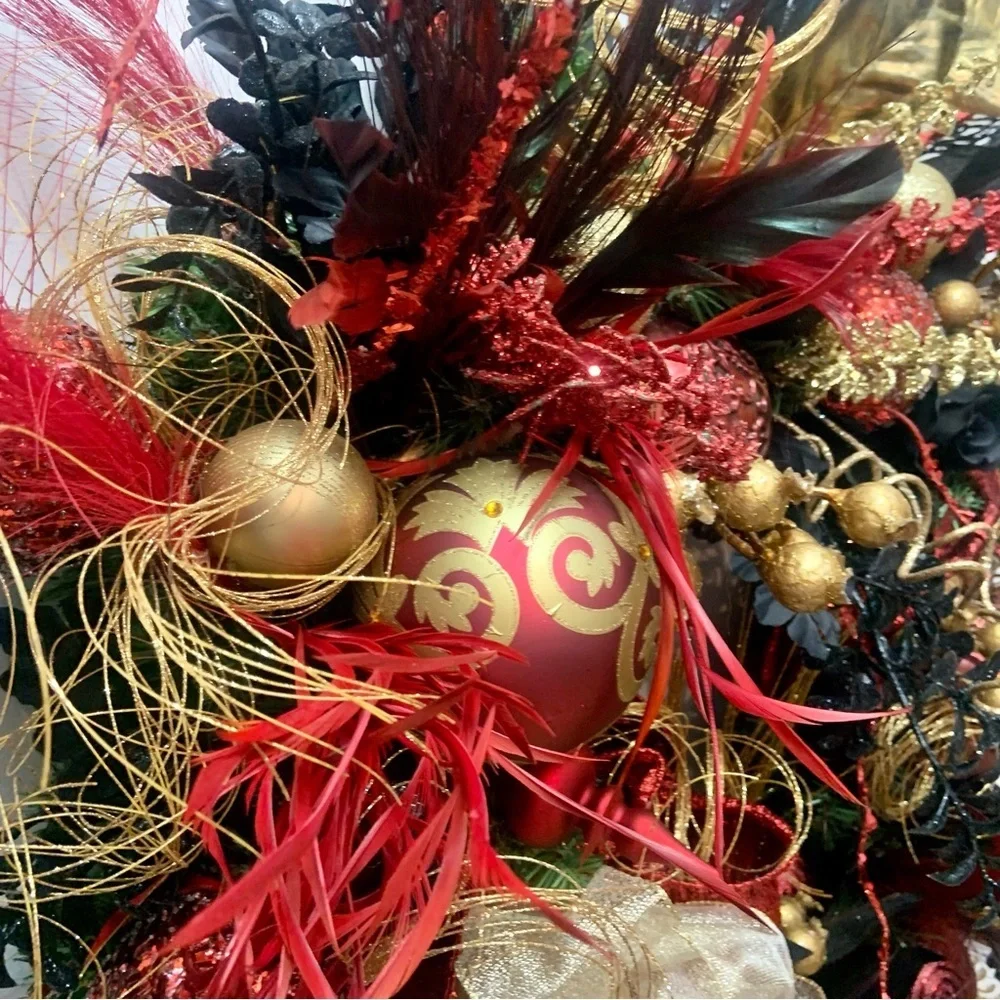 Elegant Unique Floral Christmas Contemporary Black Red Gold Door Wall Wreath